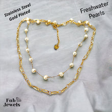 Load image into Gallery viewer, Stainless Steel Yellow Gold Plated Multi Layered Set with Freshwater Pearls Necklace Matching Bracelet