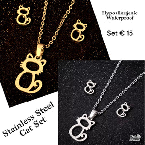 Stainless Steel Cat Set Hypoallergenic Earrings and Necklace