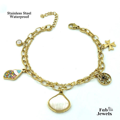 Yellow Gold Plated Stainless Steel Double Bracelet with Maltese Cross Snail Shell Charms