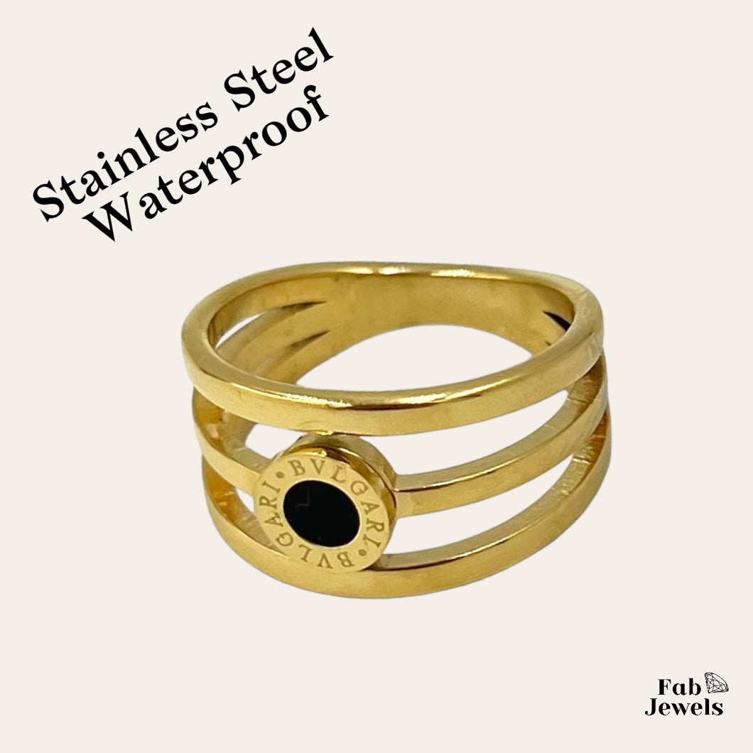 Stainless Steel Yellow Gold Plated Waterproof Ring with Onyx