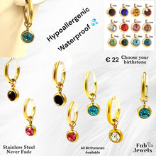 Load image into Gallery viewer, Gold Plated Stainless Steel Hypoallergenic Waterproof Hoop Earrings with Birthstone Charms