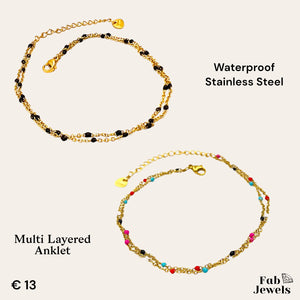 Gold Plated Stainless Steel Waterproof Multi Coloured Ball Chain Anklet