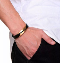 Load image into Gallery viewer, Stylish Leather Black Men’s Bracelet Stainless Steel Bar Gold Silver Black