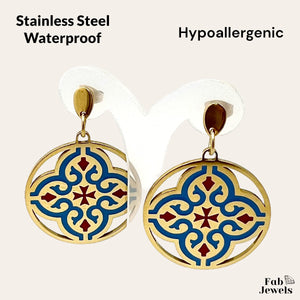 Yellow Gold Plated Maltese Cross Tile Design Hypoallergenic Earrings