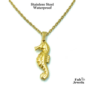 Yellow Gold Plated Stainless Steel Seahorse Lucky Charm Pendant with Necklace