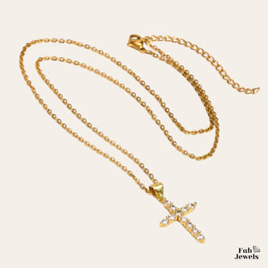 18ct Gold Plated Cross Pendant with Cubic Zirconia Stainless Steel Necklace
