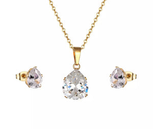 Stainless Steel Yellow Gold Set Necklace and Stud Earrings with Swarovski Crystals