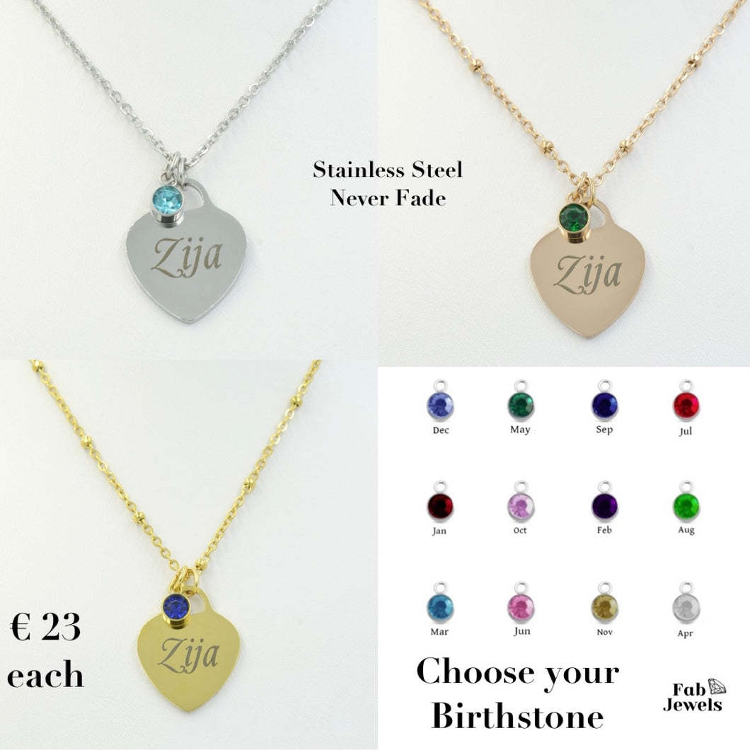 Engraved Stainless Steel 'Zija ’ Heart Pendant with Personalised Birthstone Inc. Necklace
