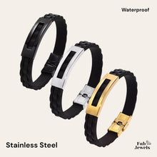 Load image into Gallery viewer, Black Silicone and Stainless Steel Gold Plated Men&#39;s Bracelet