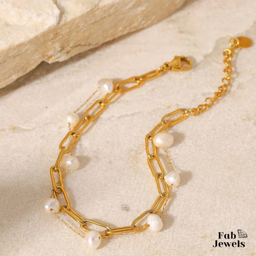 Stainless Steel Yellow Gold Freshwater Pearl Double Bracelet