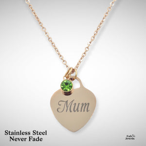 Engraved Stainless Steel ‘Mum’ Heart Pendant with Personalised Birthstone Inc. Necklace