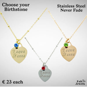 Engraved Stainless Steel 'Laqwa Nanna' Pendant with Personalised Birthstone Inc. Necklace