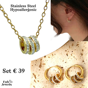 Yellow Gold Stainless Steel 3 Rings Set Necklace and Matching Earrings with Swarovski Crystals