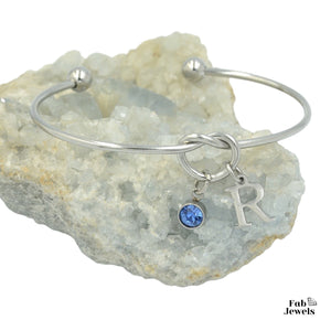 Stainless Steel Knot Bangle with Personalised Initial and Birthstone