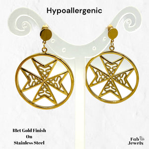 Yellow Gold Plated Maltese Cross Hypoallergenic Earrings