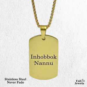 Stainless Steel Yellow Gold Engraved Inhobbok Nannu Dog Tag Pendant with Necklace