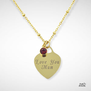 Engraved Stainless Steel ‘Love You Mum’ Heart Pendant with Personalised Birthstone Inc. Necklace