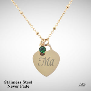 Engraved Stainless Steel ‘Ma’ Heart Pendant with Personalised Birthstone Inc. Necklace