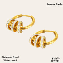 Load image into Gallery viewer, Hypoallergenic Yellow Gold Plated Hoop Earrings with 3 Sparkling Rings
