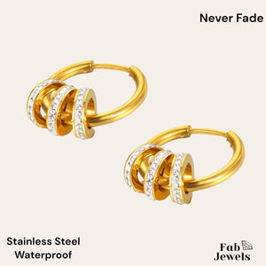 Hypoallergenic Yellow Gold Plated Hoop Earrings with 3 Sparkling Rings