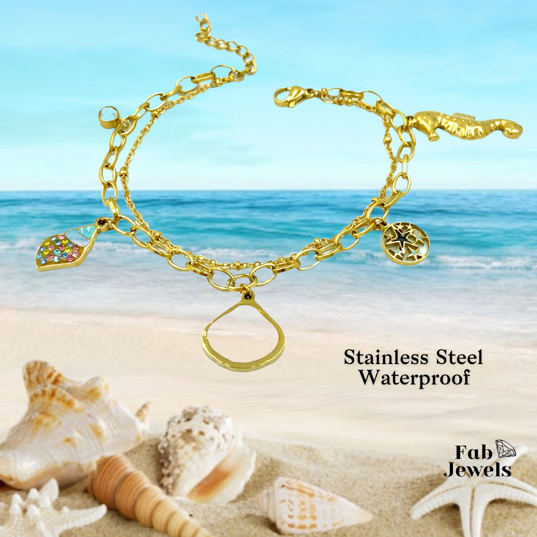 Double Charm Bracelet with Seahorse Shell Snail Yellow Gold on Stainless Steel