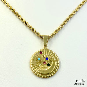 Stainless Steel Yellow Gold Plated Moon Pendant with Rope Chain