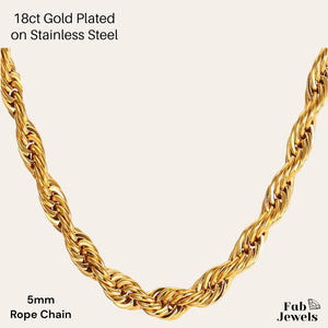 18ct Gold Plated on Stainless Steel 5mm Thick Rope Chain