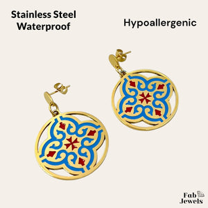 Yellow Gold Plated Maltese Cross Tile Design Hypoallergenic Earrings