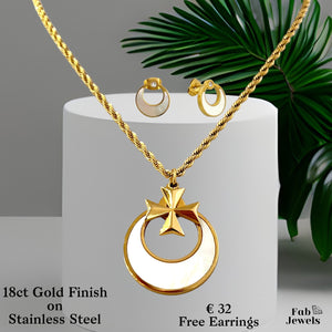 18ct Gold Plated on Stainless Steel Maltese Cross Shell Pendant with Rope Chain Free Earrings