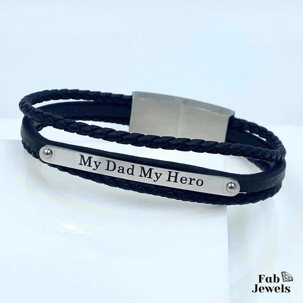 My Dad My Hero Black Leather and Stainless Steel Men's Bracelet