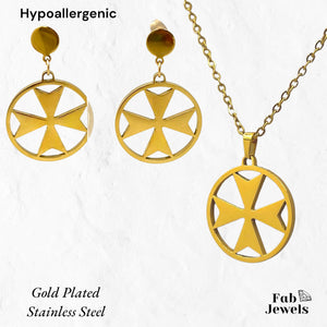 18ct Gold Plated on Stainless Steel Maltese Cross Set Hypoallergenic Earrings Necklace Included