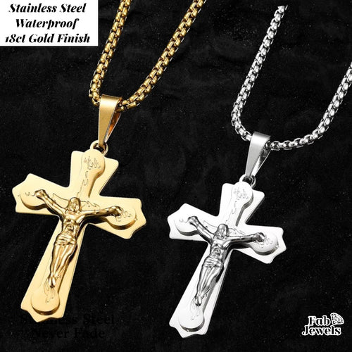 18ct Gold Plated on Stainless Steel Crucifix Cross Pendant and Necklace