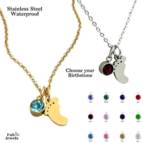 Yellow Gold Plated on Stainless Steel Baby Feet Pendant with Birthstone Inc. Necklace