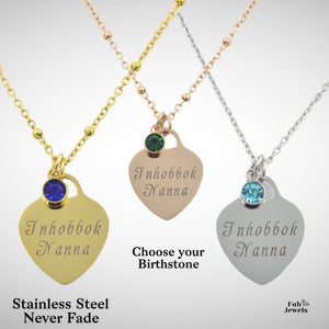 Engraved Stainless Steel 'Inhobbok Nanna’ Heart Pendant with Personalised Birthstone Inc. Necklace