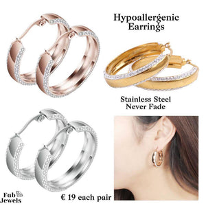 Stainless Steel Hoop Earrings Hypoallergenic with Sparkling Crystals