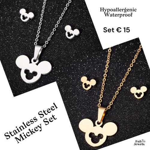Stainless Steel Mickey Set Hypoallergenic Earrings and Necklace