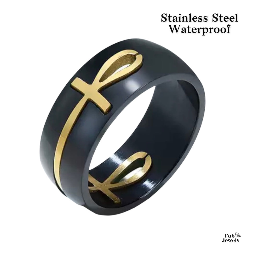 Stainless Steel Black Key of Life Cross Men's Ring