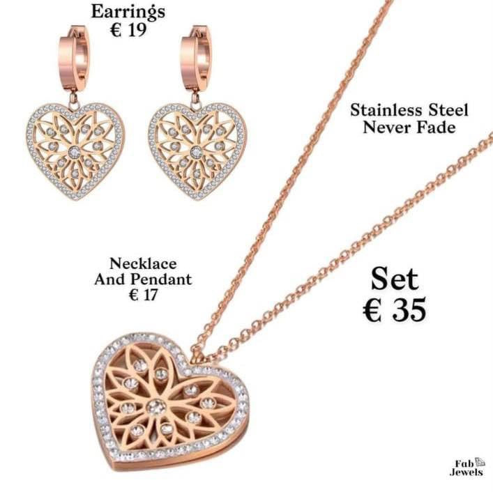 Rose Gold Stainless Steel Heart Set Necklace and Matching Earrings with Swarovski Crystals