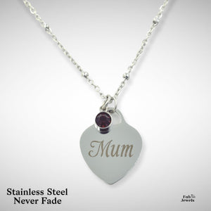 Engraved Stainless Steel ‘Mum’ Heart Pendant with Personalised Birthstone Inc. Necklace