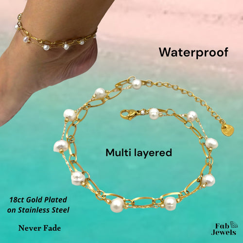 Stainless Steel Gold Plated Water Proof Double Anklet with Freshwater Pearls