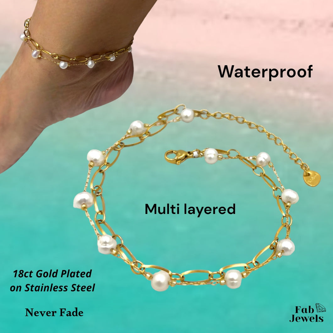 Stainless Steel Gold Plated Water Proof Double Anklet with Freshwater Pearls