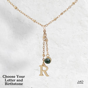 Stainless Steel Drop Neckkace with Personalised Initial and Birthstone