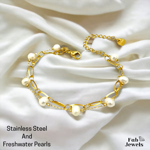 Stainless Steel Yellow Gold Plated Multi Layered Set with Freshwater Pearls Necklace Matching Bracelet