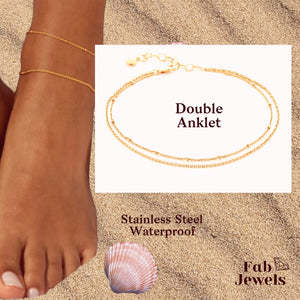 Stainless Steel 316L Ball Chain Double Anklet Rose Gold Yellow Gold Silver