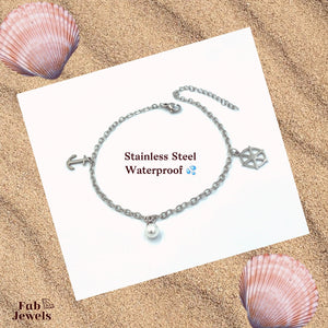 Stainless Steel 316L Anchor Pearl Anklet Yellow Gold White Gold Plated
