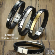 Load image into Gallery viewer, Stylish Leather Black Men’s Multi Layered Bracelet Stainless Steel Bar Gold Silver Black