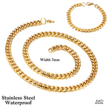 Load image into Gallery viewer, Waterproof Stainless Steel Yellow Gold Curb Chain Set Necklace Bracelet