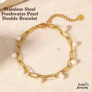 Stainless Steel Yellow Gold Freshwater Pearl Double Bracelet