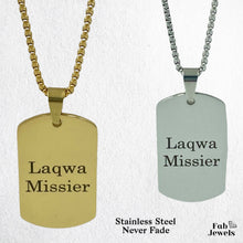 Load image into Gallery viewer, Stainless Steel Yellow Gold Engraved Laqwa Missier Dog Tag Pendant with Necklace