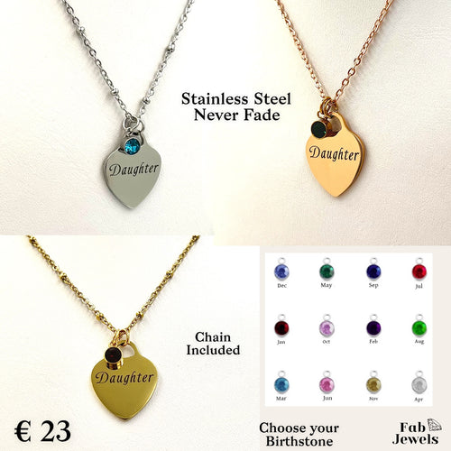 Engraved Stainless Steel ‘Daughter’ Heart Pendant with Personalised Birthstone Inc. Necklace
